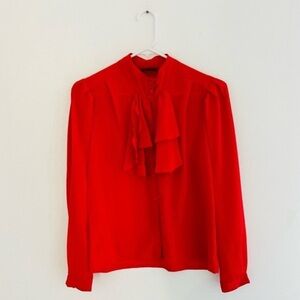 Vintage 80s Robinson’s Red Long Sleeve Ruffle Neck Button Down Blouse Large